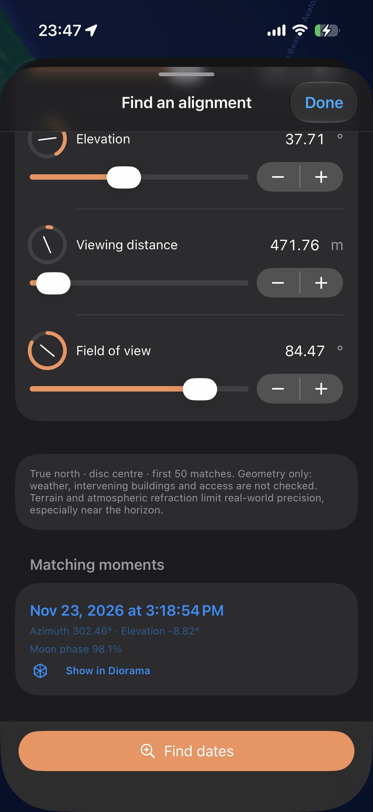 Inverza Find alignment controls and matching dates, with a Show in Diorama action