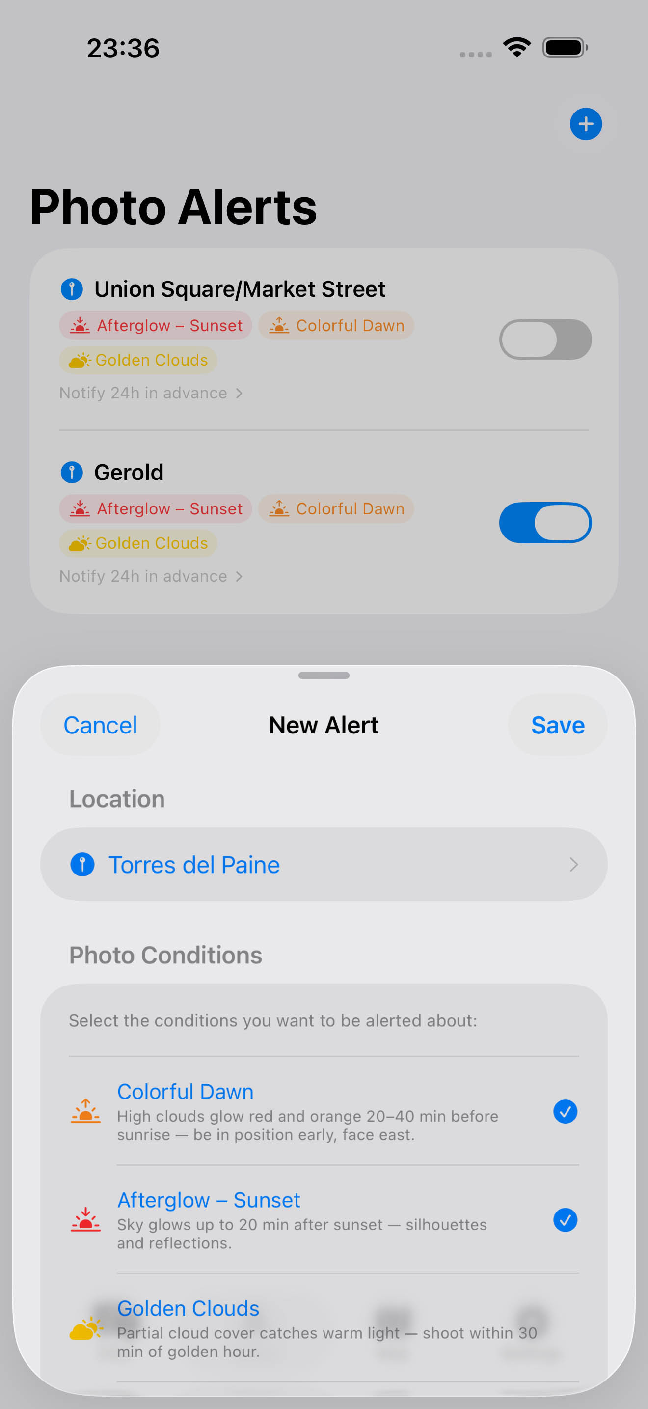 Photo condition alerts for afterglow, golden clouds, fog, and aurora