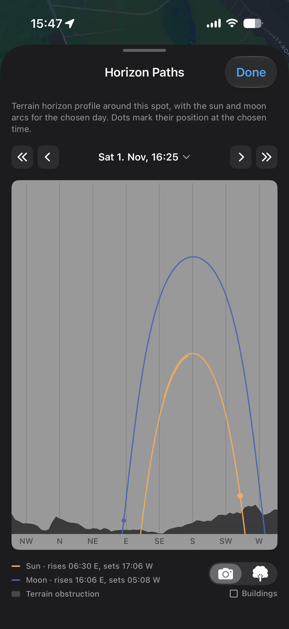 Horizon Paths chart showing the terrain horizon with sun and moon arcs