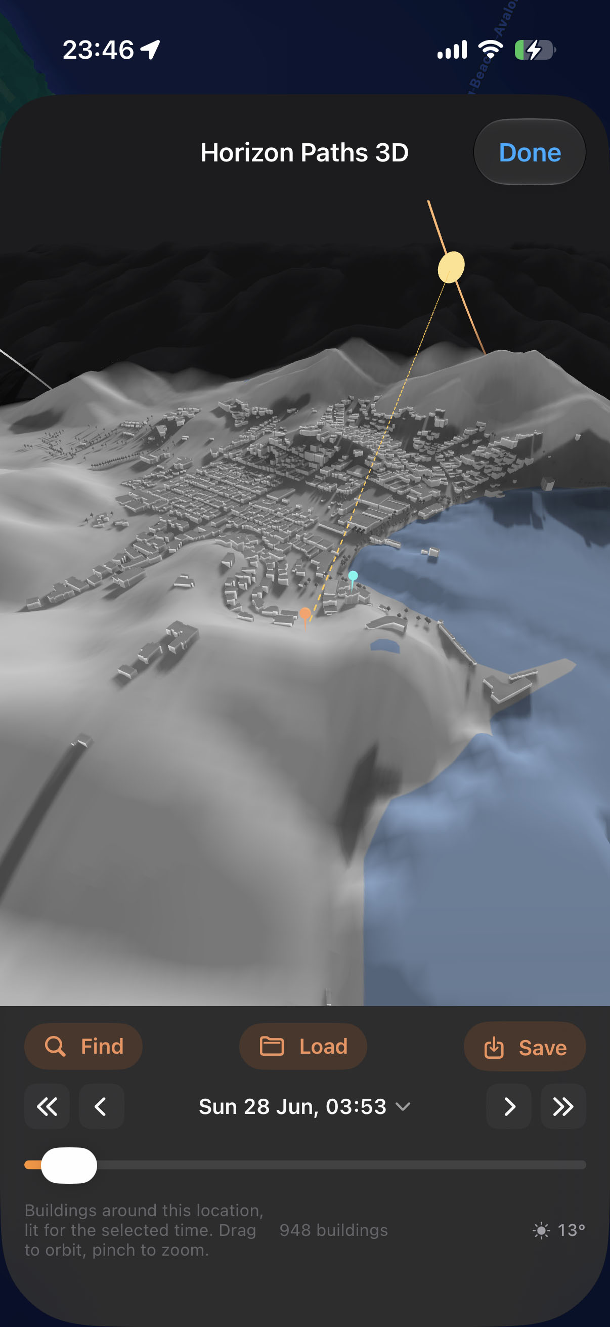 Horizon Paths 3D diorama with terrain, buildings, and the sun path